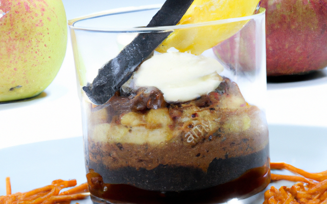 Saint Honoré de pommes et réglisse à l'armagnac, gelée d'armagnac et chocolat réglisse, verrine chocolatée d'écume à l'armagnac