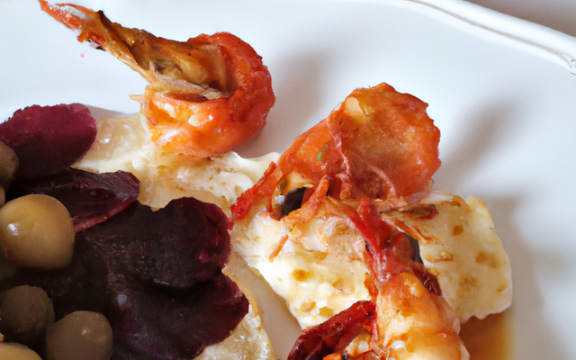 Ratte du Touquet et gambas "piquées", raisin et piment d'Espelette