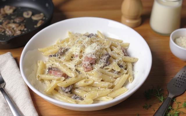 Pâtes aux champignons à la crème et aux lardons