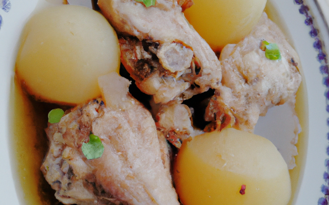 Chapon aux poires pochées dans le banyuls et le bouillon de volaille