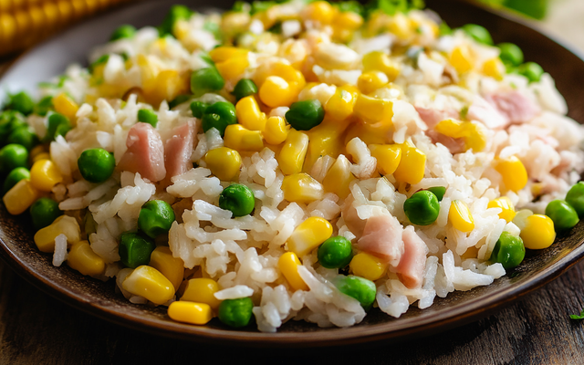 Salade jambon/maïs/petits pois/riz