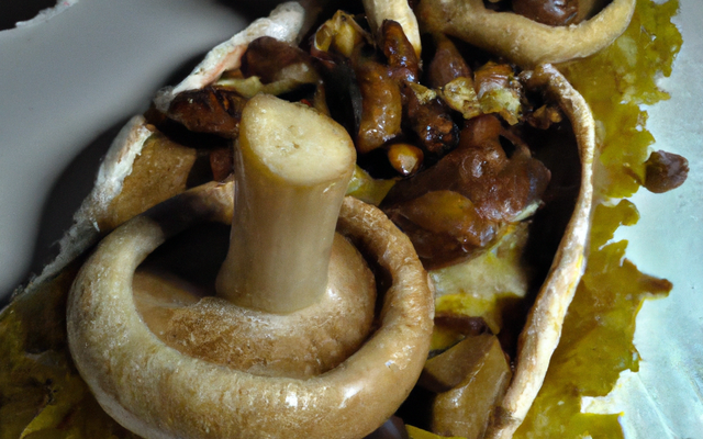 Papillote de champignons, émulsion de lard fume et noisettes torréfiées