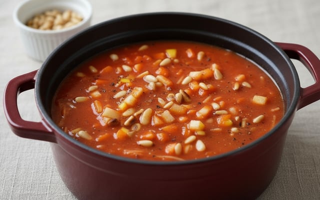 Potage aux tomates épicé au curry, dés de pommes et pignons de pin