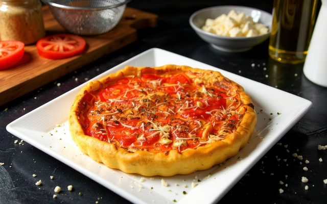 Tarte tomate, fromage, feta et moutarde