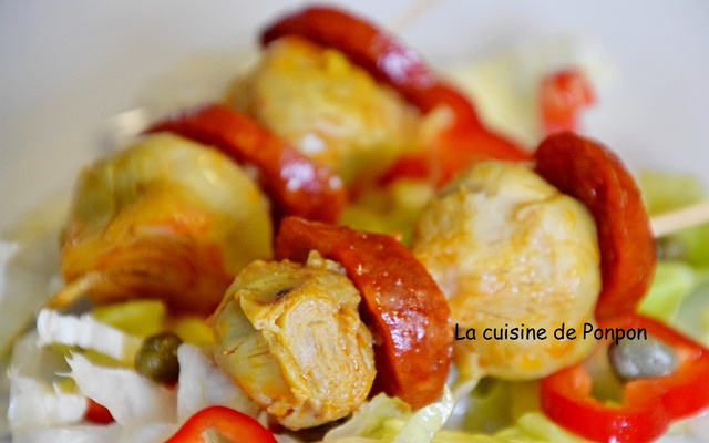 Brochettes de chorizo et artichaut