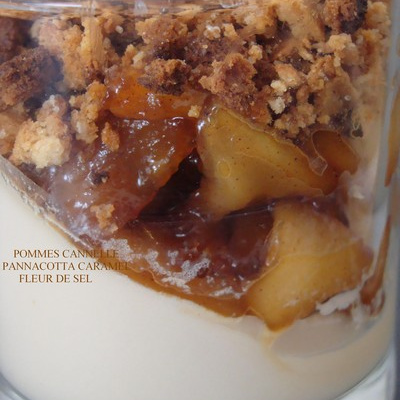 Pannacotta caramel fleur de sel pommes cannelle crumble de brioche