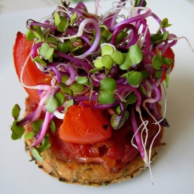 Sablé basilic, sublime de tomate et caramel d'oignons