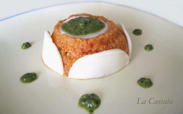 Millefeuilles de couscous et Galbanino au parfum de pesto