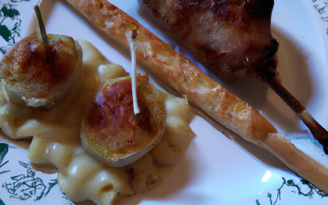 Brochette de blancs de poulet / magret de canard fumé et son gratin de pâtes