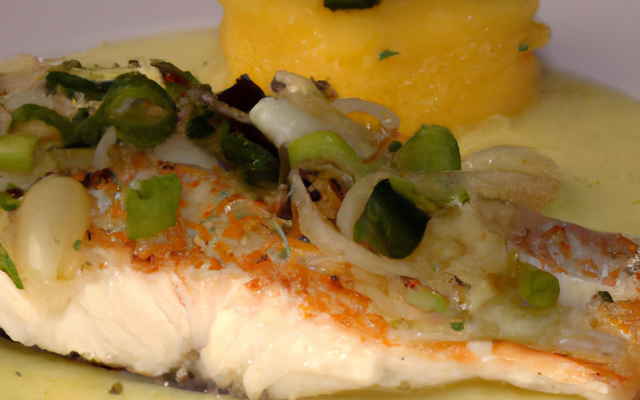 Filet de truite franc-comtoise, fondue de poireau et Julienne de Morteau, légèrement gratinée au Comté