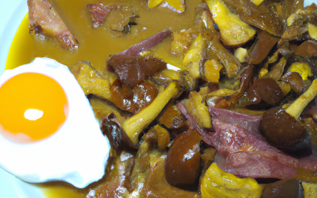 Le ragoût de girolles, œufs de ferme poché, jambon de cochon noir séché 20 mois