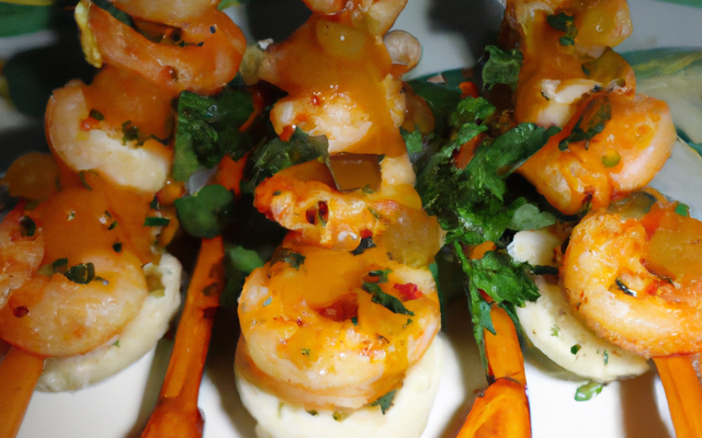 Brochette de Gambas aux épices du monde, Chantilly d'Agrumes et Chutney de Fruits