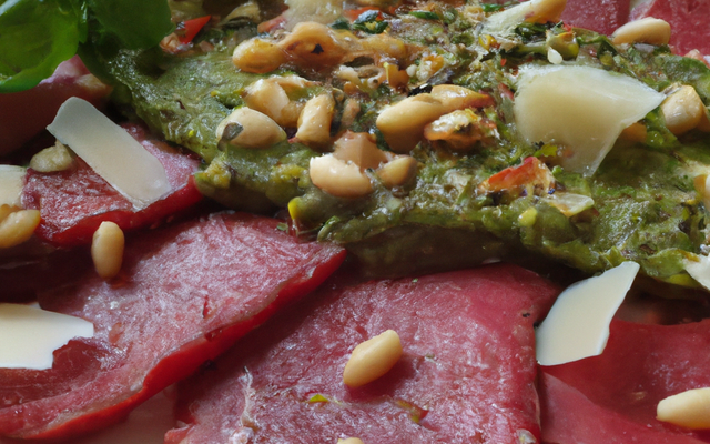 Carpaccio de bœuf et son pesto de basilic frais au pignon de pin et parmesan 