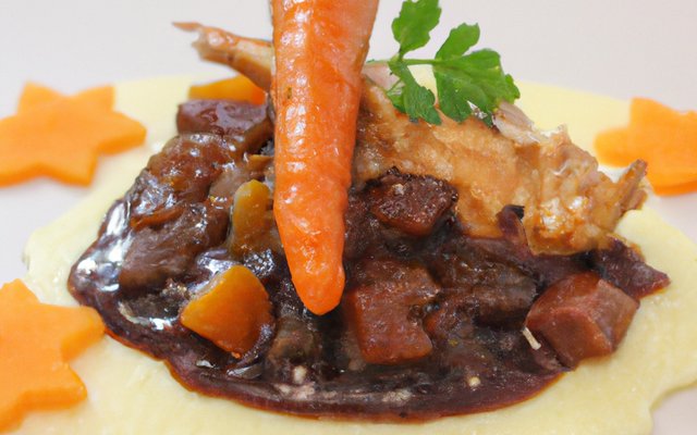 Coq au vin, purée de carotte et cips de pdt