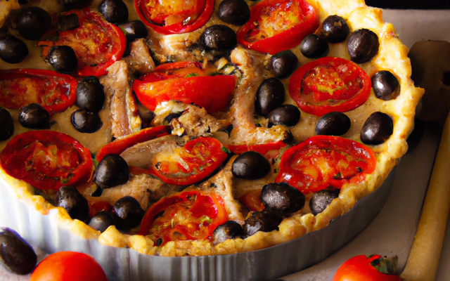 Tarte au thon, tomates et olives noires