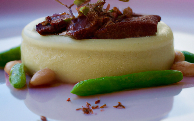 Le bavarois d'haricots de Soissons à l'huile de noisette et magret fumé au bois de hêtre