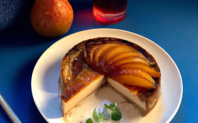 Cheesecake au roquefort et pain d'épice, sirop de vin et poires pochées