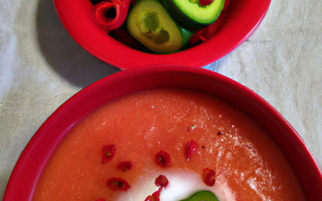 Soupe glacée de concombres, sorbet poivrons rouges