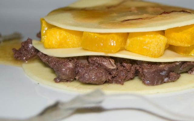 Lasagnes ouvertes au boudin noir, potiron et infusion