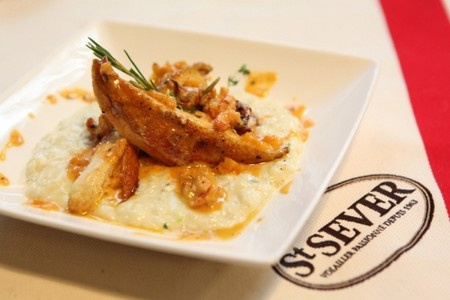 Duo de pintade et écrevisses, riz crémeux au parmesan