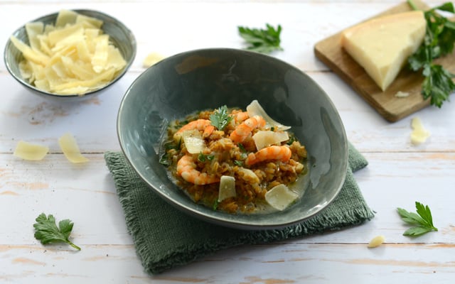 Risotto de petit épeautre aux champignons et aux crevettes