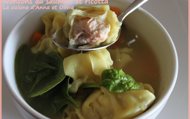 Raviolis won tons au saumon et à la ricotta, tortellini