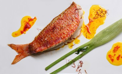 Rouget barbet poêlé, aux fenouils, jus de légumes parfumé au pistil de safran et yaourt
