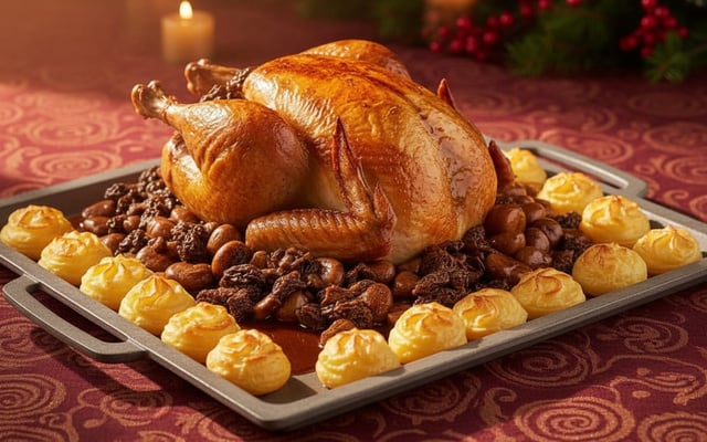 Dinde de Noël aux marrons, sa sauce aux morilles et ses pommes duchesse