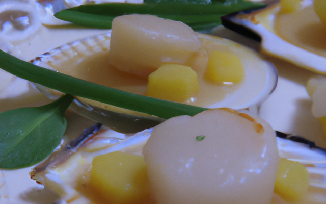 Mi-cuit de coquille saint-jacques, compotée de poireaux au Neufchâtel et à l'huile d'argan