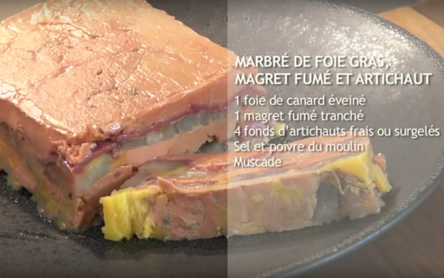 Marbré de foie gras, magret fumé et artichaut