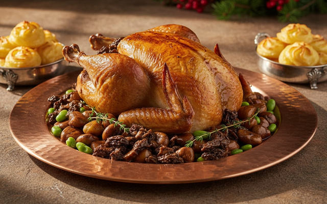 Dinde de Noël aux marrons, sa sauce aux morilles et ses pommes duchesse