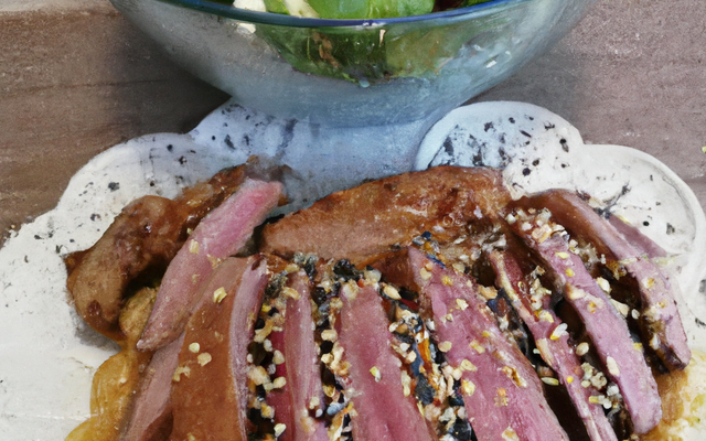 Salade de Ramen et  magret de canard aux graines de sésame grillées