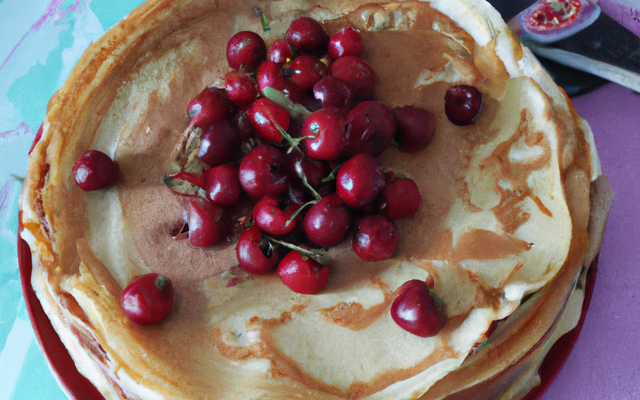 Gâteau de crêpes à la pêche et cerises