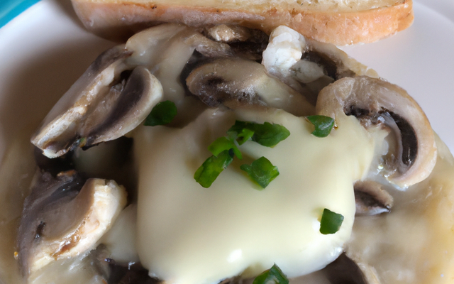 St-Jacques cuites au pain, émulsion d'oignons et champignons