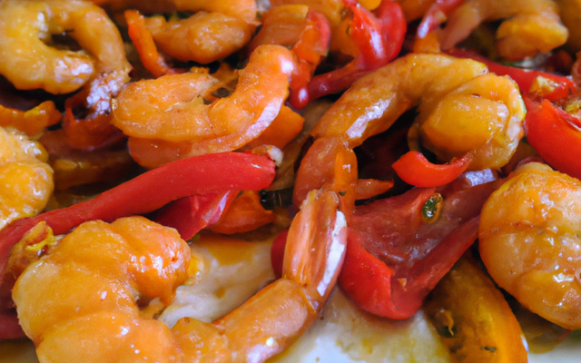Crevettes poêlées sur lit de poivrons confits à l'huile de piment d'Espelette