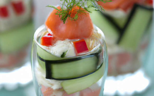 Verrines de saumon fumé, concombre et surimi