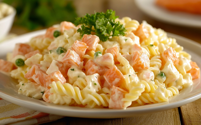 Salade de pâtes, surimi et saumon fumé