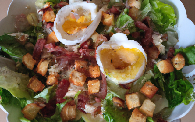 Salade frisée au fromage, croutons, pancetta et œufs pochés