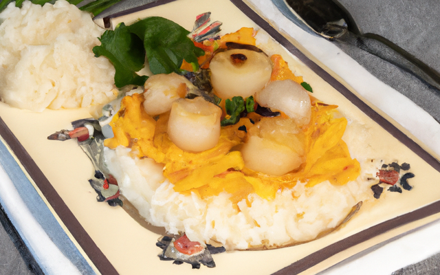 Coquille saint jacques à la bretonne sur son lit de riz pilaf