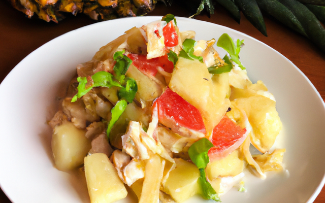 Salade de pommes de terre tièdes au crabe, ananas et pamplemousse