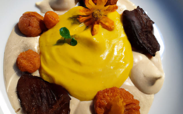 Confit de topinambour, crème et mousse de potimarron, mouillette de jaune doux à la truffe