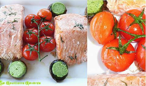 Papillotes de saumon aux champignons farcis tomates confites