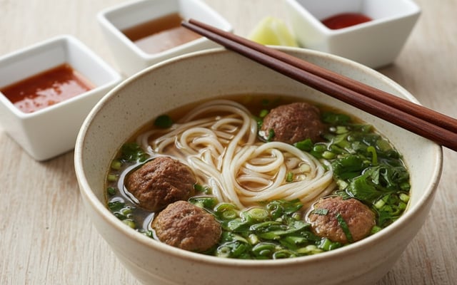 Pho vietnamien : bouillon de bœuf, nouilles de riz, herbes fraîches et boulettes de bœuf