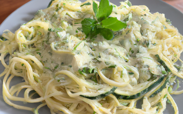 Spaghetti aux courgettes, crème ail et fines herbes