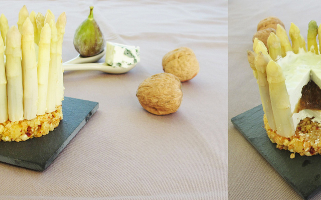 Chartreuse au roquefort & asperges, cœur de figues sur biscuit croustillant