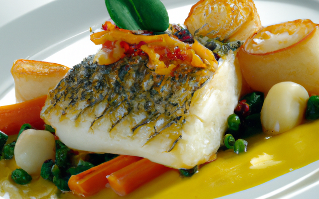 Dos de cabillaud au basilic, pignons de pin, barigoule de petits légumes fanes au safran