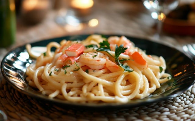 Spaghetti au surimi et crevettes