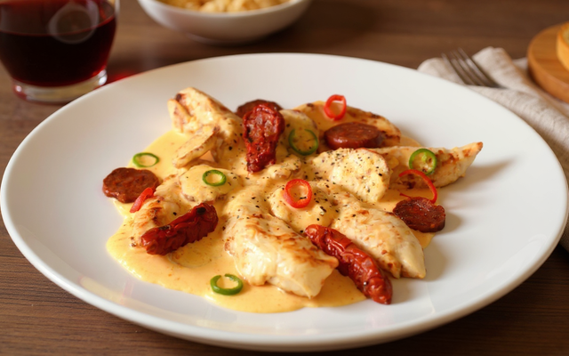 Aiguillettes de poulet, sauce crémeuse au chorizo