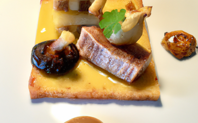 Crousti de foie gras aux noix, gelée de vin jaune et pommes Charlotte aux morilles
