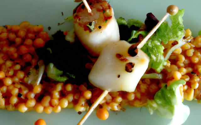 Brochette de St Jacques sur salade de lentilles